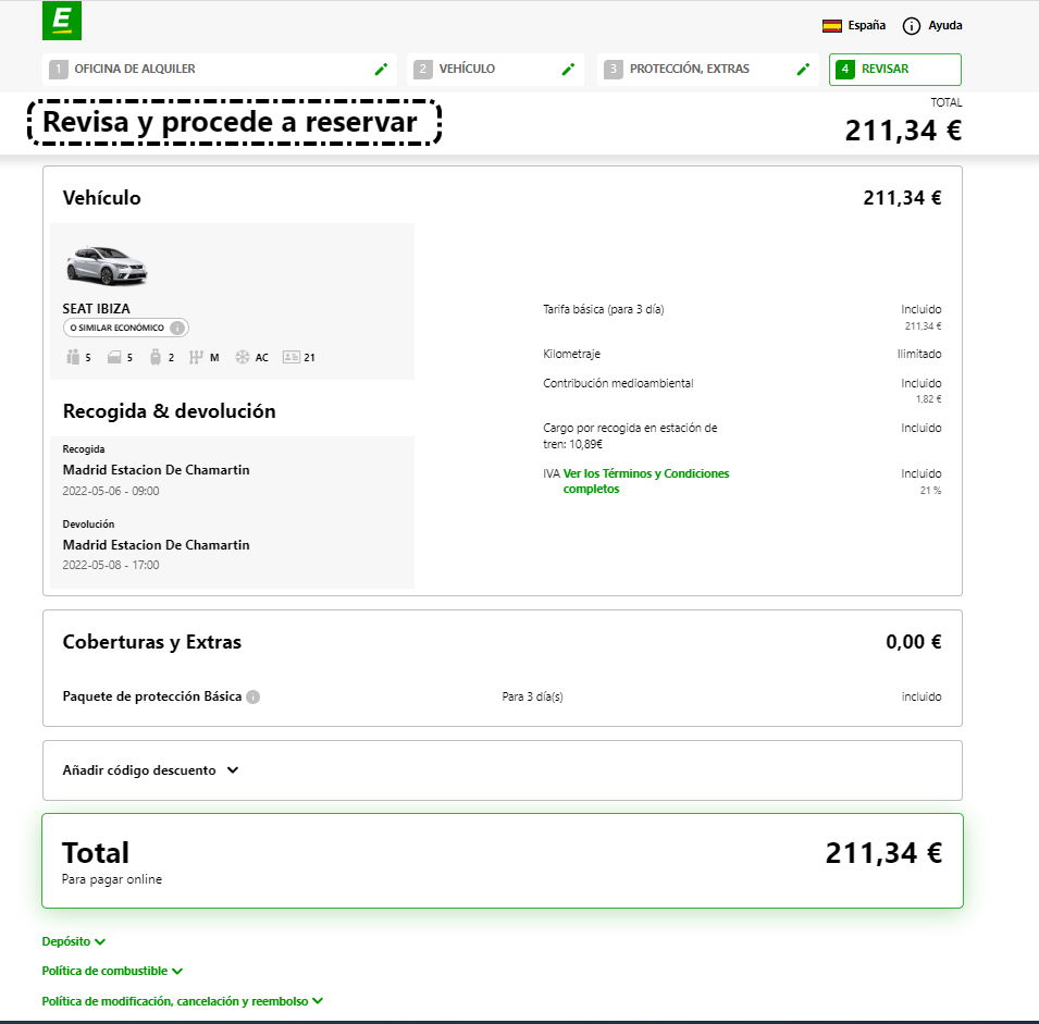 Europcar Revisar y reservar