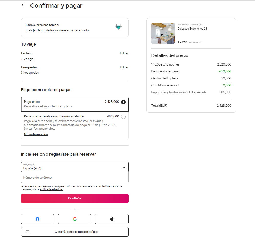 Airbnb Confirmar y pagar apartamento elegido