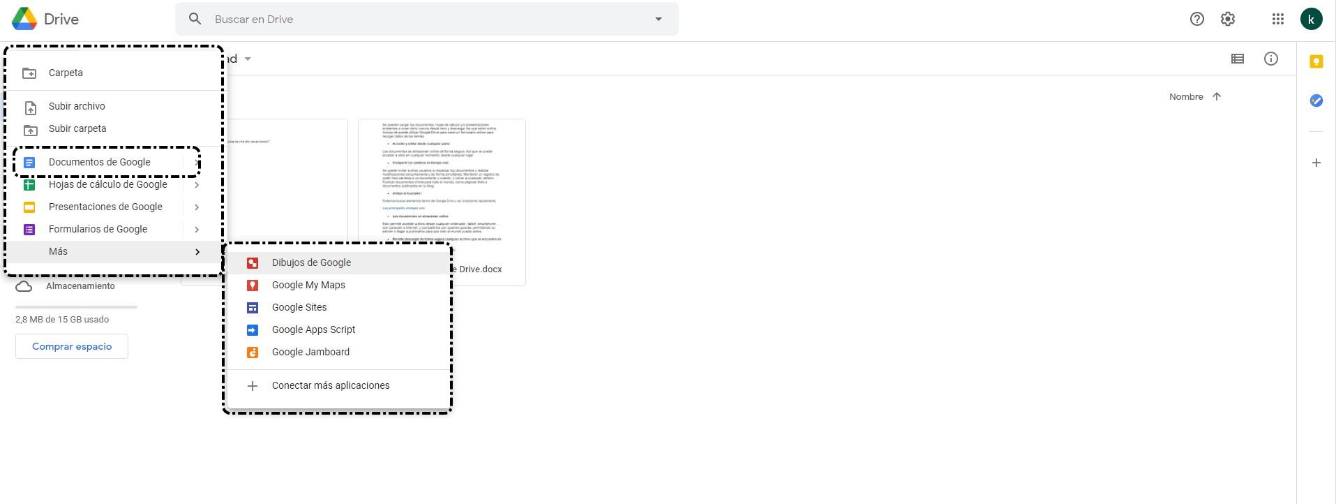 Google Drive > Nuevo > Documentos de Google