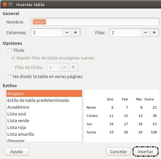 Tabla > Insertar tabla