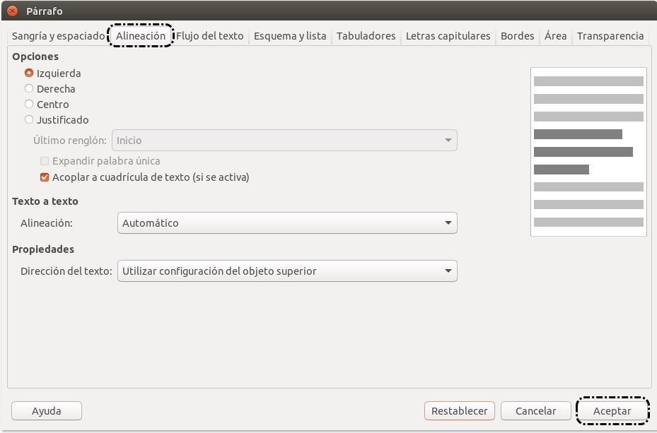 Formato > Párrafo > Alineación
