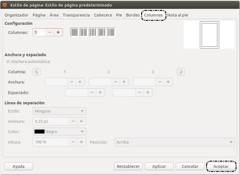 Formato > Estilo de página > Columnas
