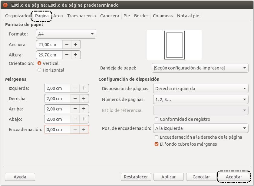 Formato > Estilo de página > Página