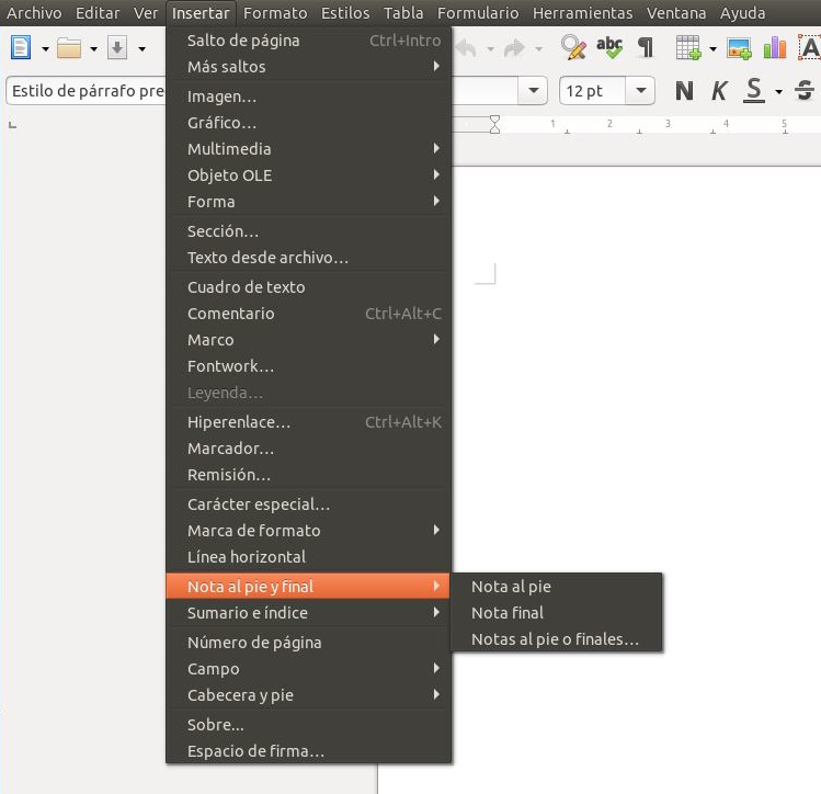 Insertar > Nota al pie y final