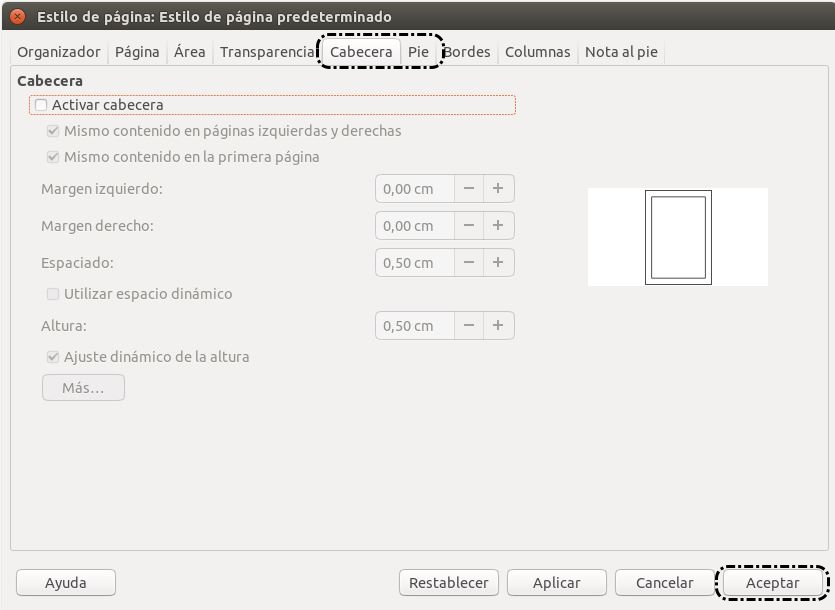 Formato > Estilo de página > Cabecera / pie