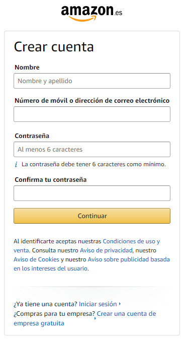 Formulario registro Amazon