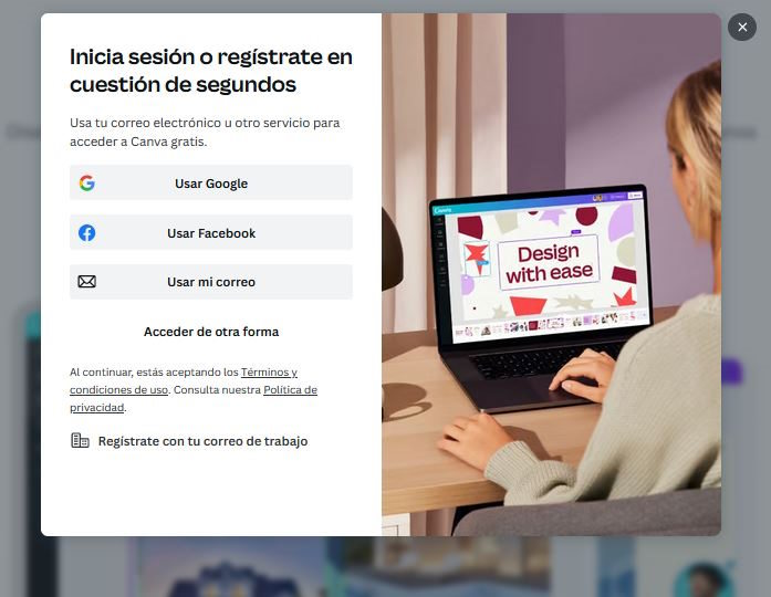 Opciones de registro en Canva