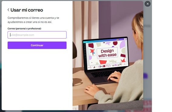 Registro con correo electrónico en Canva