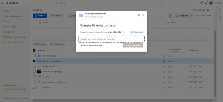 Selecciona 'Compartir con Dropbox'