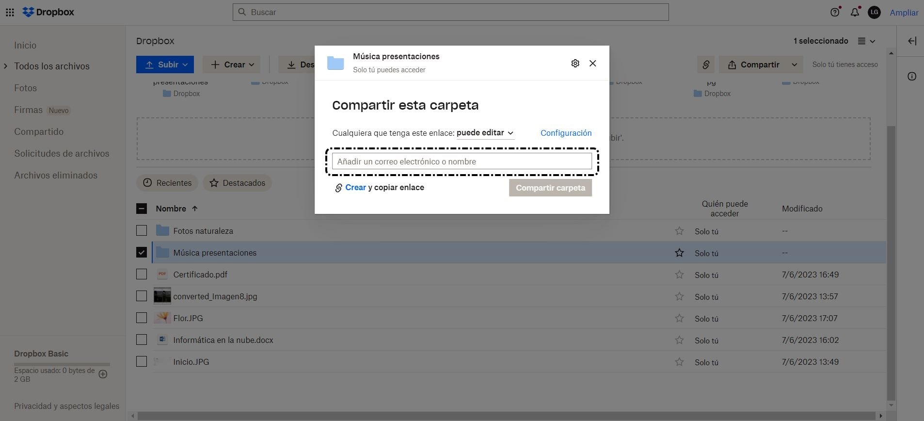 Selecciona 'Compartir con Dropbox'