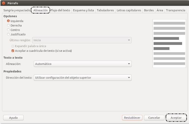 Formato > Párrafo > Alineación