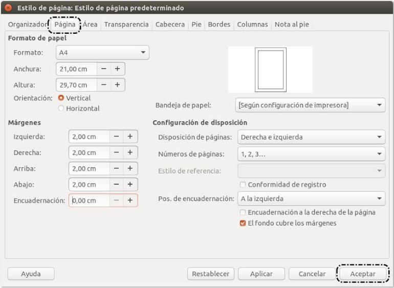 Formato > Estilo de página > Página