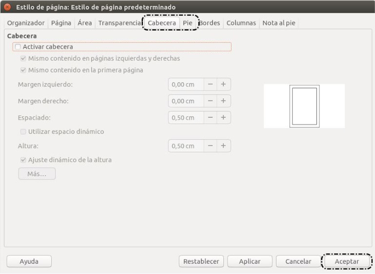 Formato > Estilo de página > Cabecera / pie