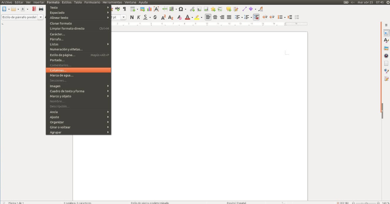 Formato > Columnas