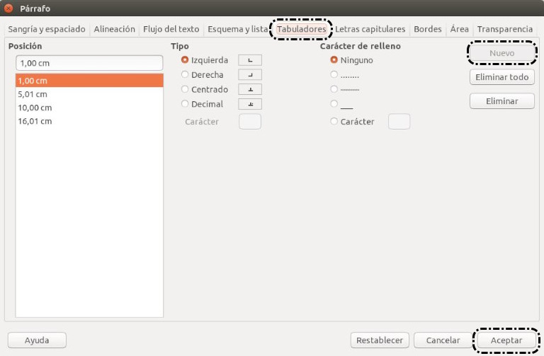 Formato > Párrafo > Tabuladores