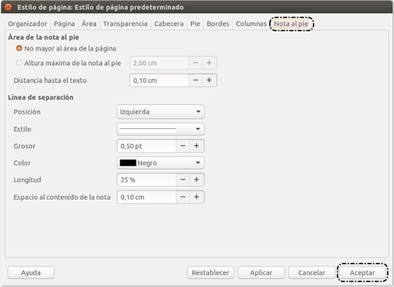 Formato > Estilo de página > Nota al pie
