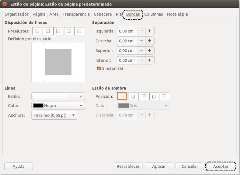 Formato > Estilo de página > Bordes