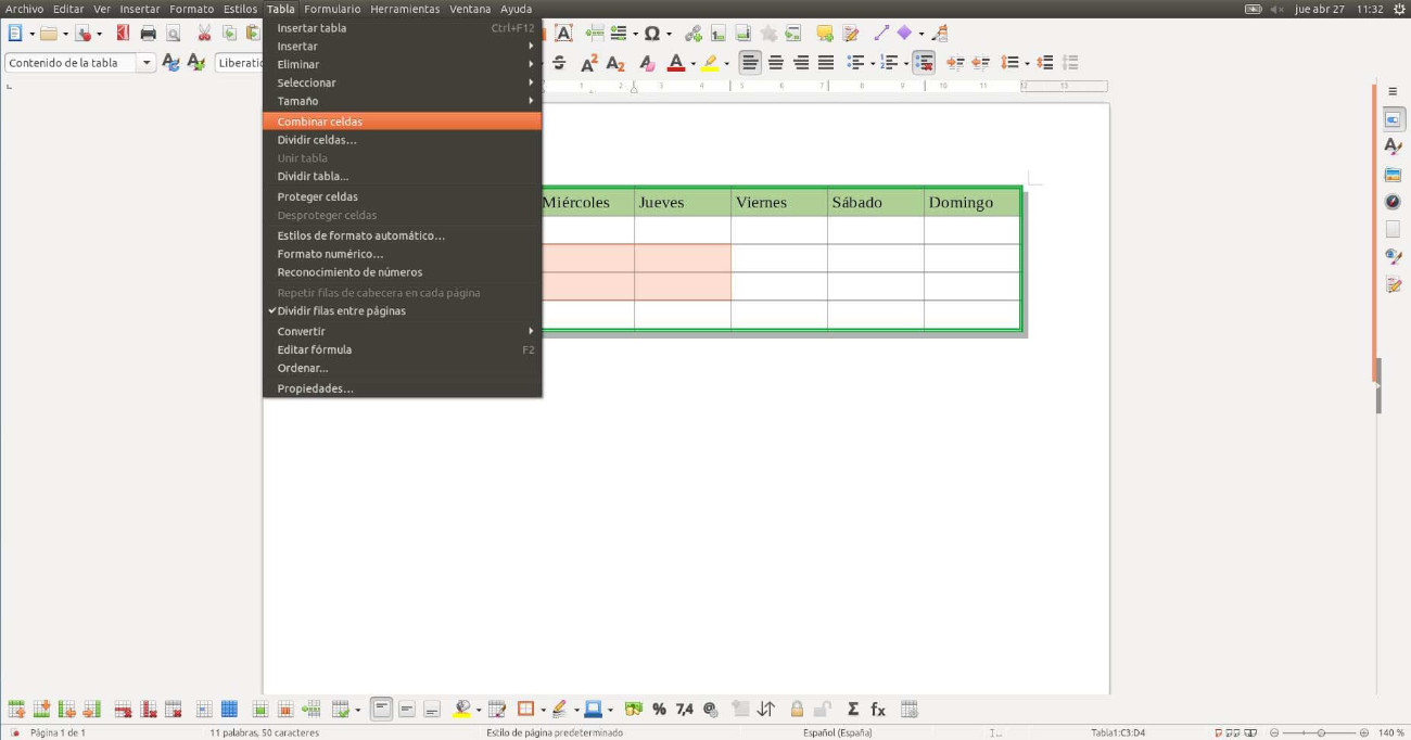 Tabla > Combinar celdas