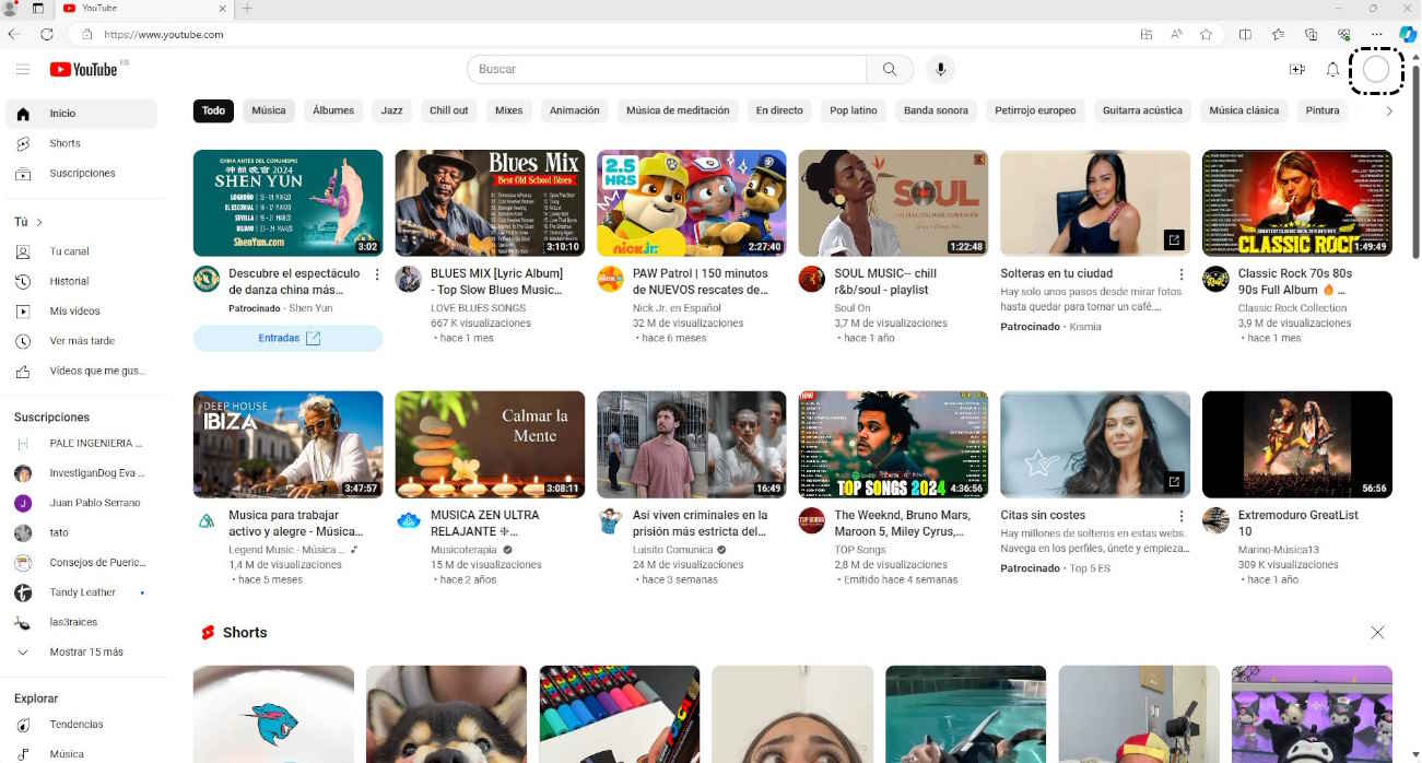 Pantalla de inicio de YouTube