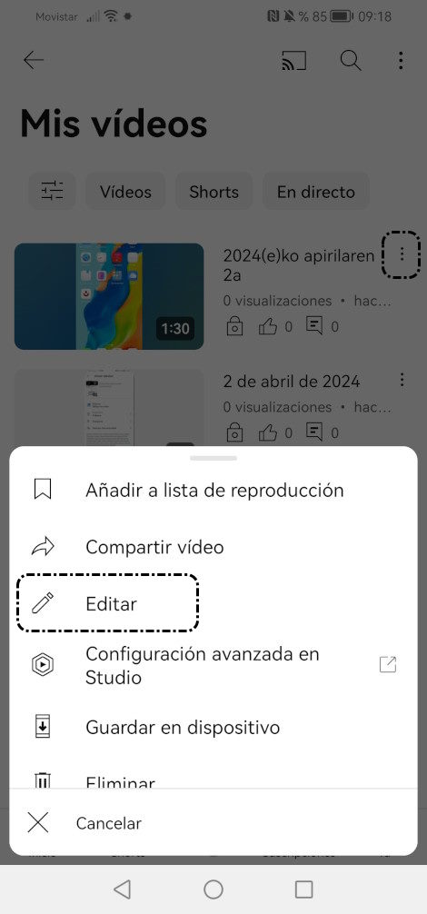 Mis vídeos > Editar