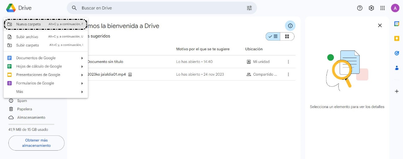 Google Drive > Nuevo > Nueva carpeta