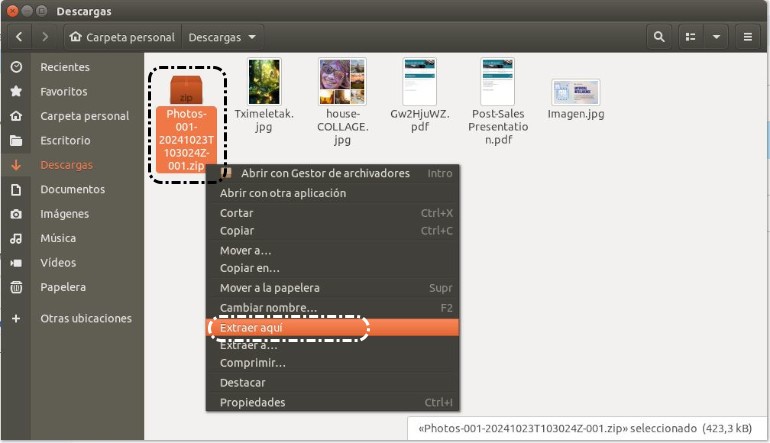 Botón derecho > Extraer aquí