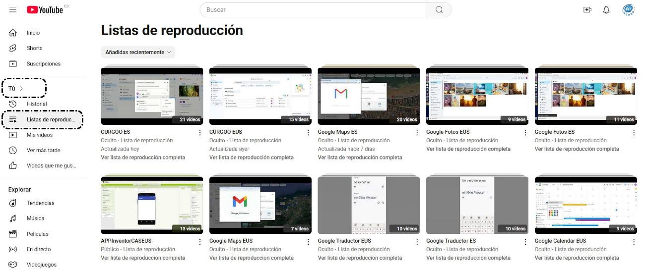 Sección Tú> y Listas de reproducción