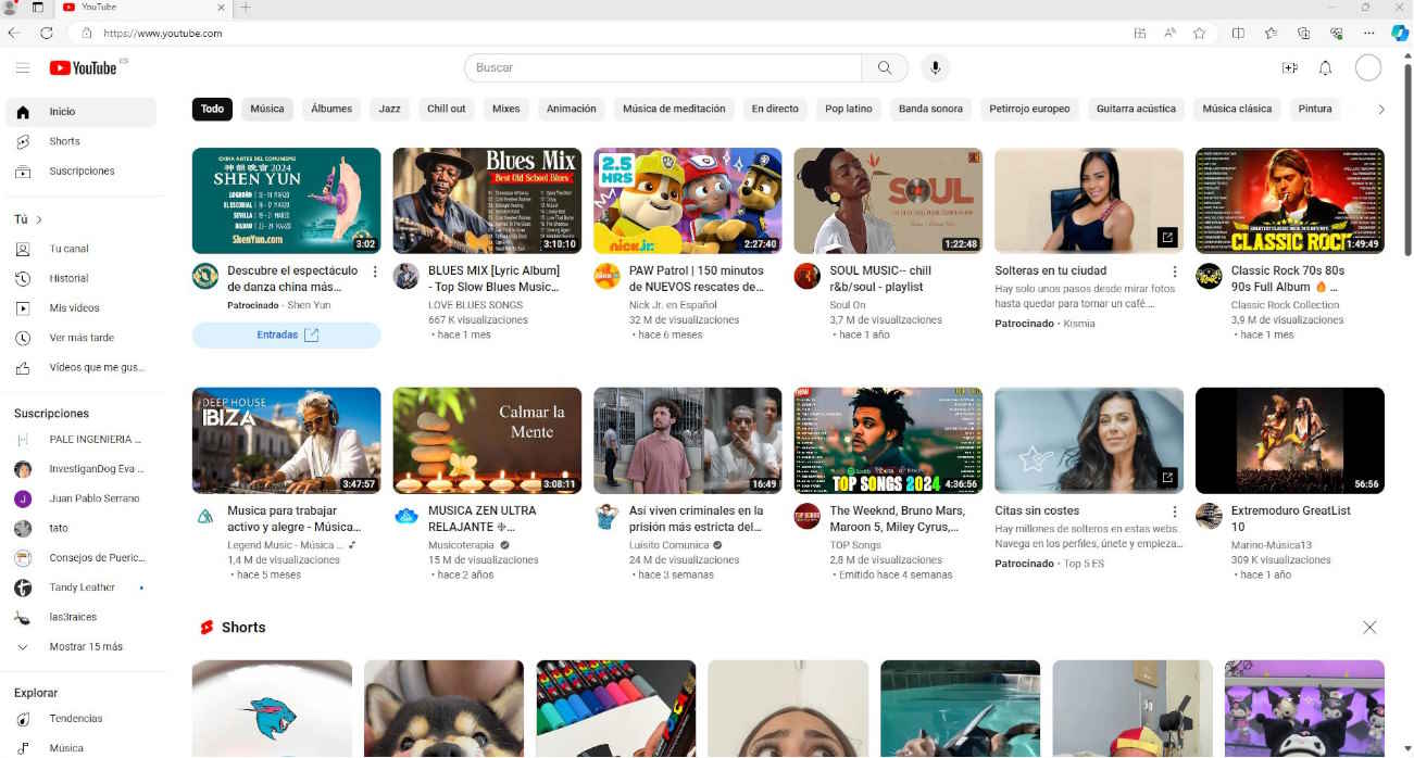 Pantalla de inicio de YouTube