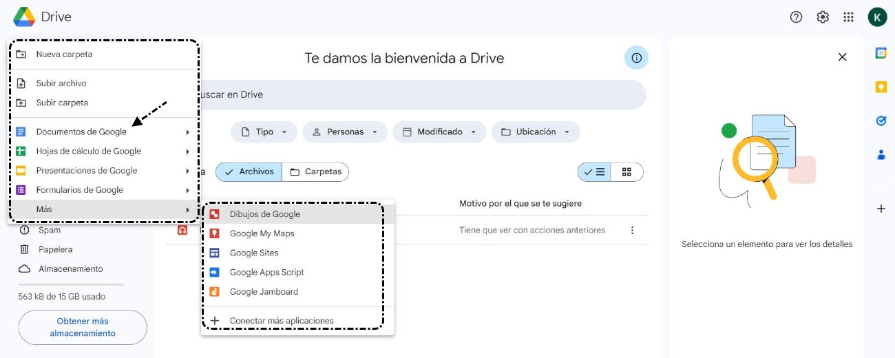 Google Drive > Nuevo > Documentos de Google