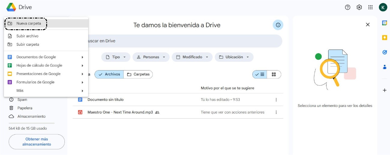 Google Drive > Nuevo > Nueva carpeta