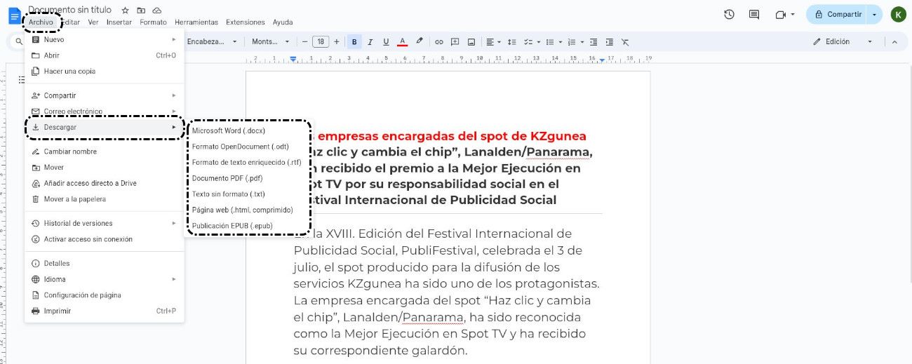 Documento abierto >Archivo > Descargar > Elegir formato