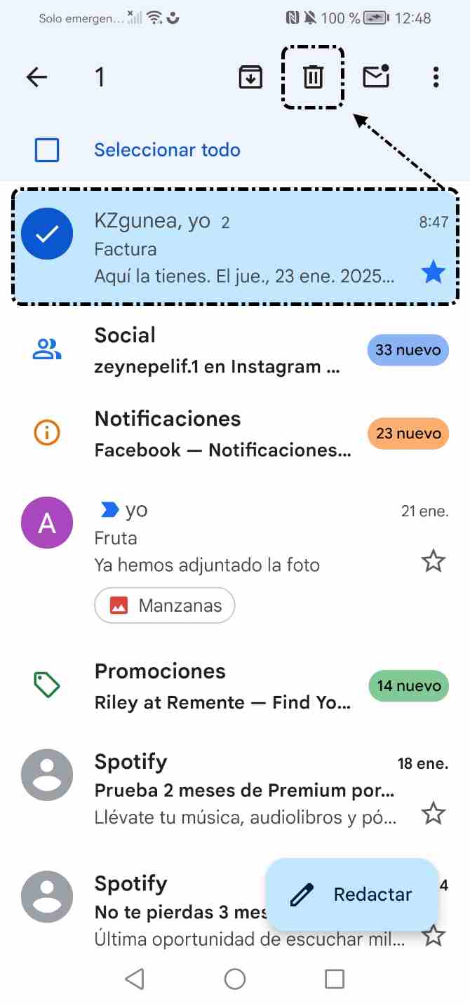 Seleccionar mensaje y eliminar