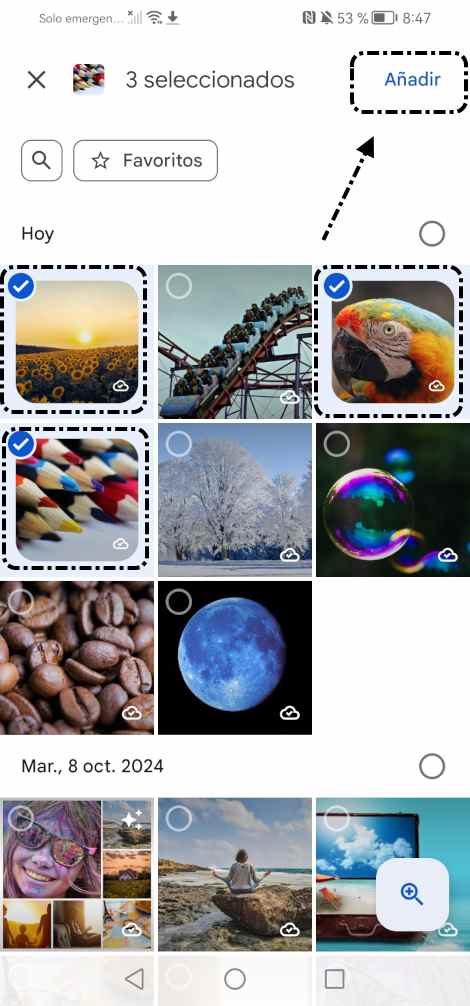 Seleccionar fotos y añadir